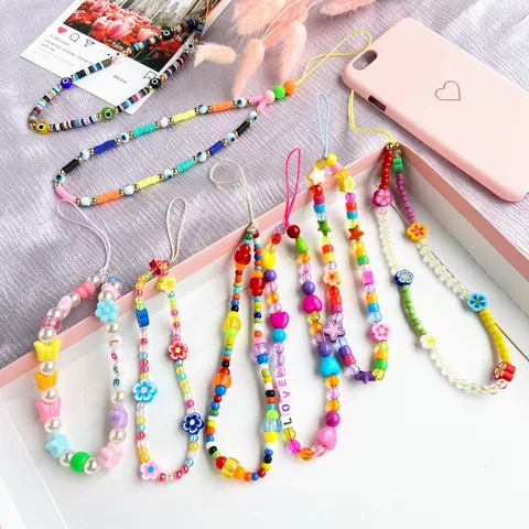 Handmade Colorful Polymer Clay Beaded Phone Lanyard Ethnic Style Fruit Flower Heart Star Beads Phone Chain Wrist Strap For Women