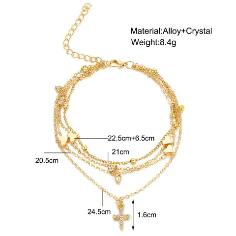 Creative Rhinestone Multi-Layer Heart Cross Anklet For Women Vintage Gold Silver Plated Alloy Beach Layered Foot Jewelry