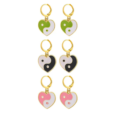 Pendientes de Gota de Corazón y Flor de Tai Chi Lindos de Moda Pendientes de Aro de Esmalte de Yin Yang de Aleación para Mujer Joyería