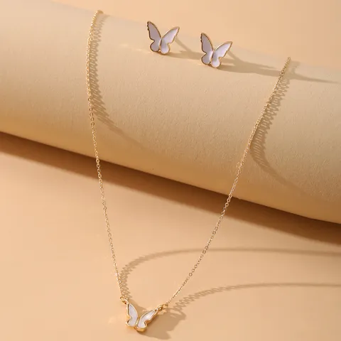 Vintage Butterfly Jewelry Set For Women Alloy Enamel Butterfly Pendant Necklace And Matching Stud Earrings Fashion Elegant Accessories