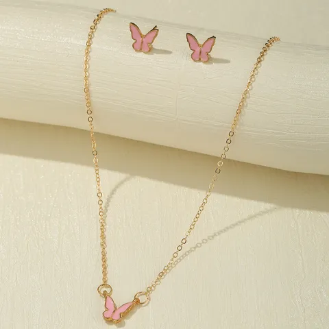 Vintage Butterfly Jewelry Set For Women Alloy Enamel Butterfly Pendant Necklace And Matching Stud Earrings Fashion Elegant Accessories