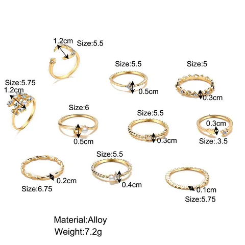 Juego de Anillos Vintage Bohemio Mujer Estrella Luna Corazón Hoja Geométrico Anillos de Falange Perla Artificial Strass Joyería