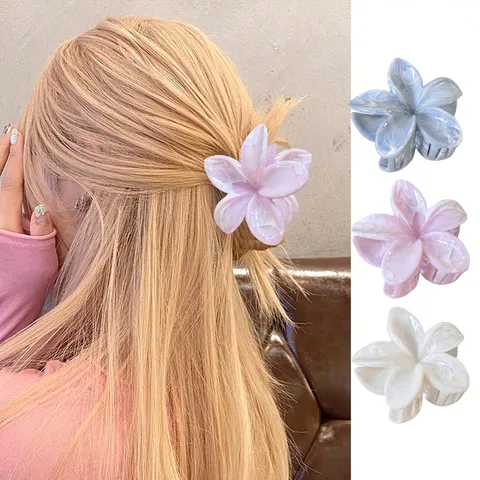 Vintage Plumeria Hair Claw Marble Cloud Texture Shark Clip Colorful Flower Hair Grip Sweet Summer Beach Accessory For Women