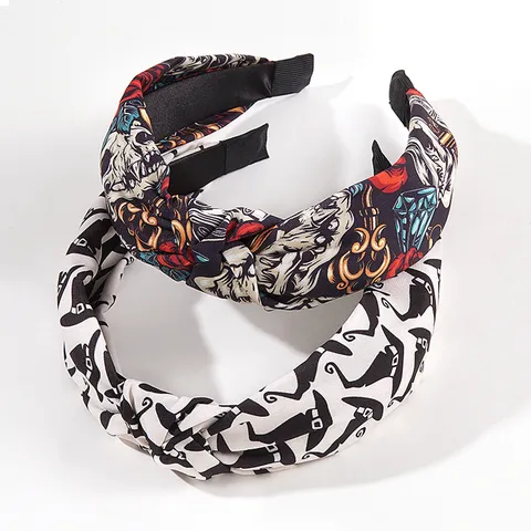 Halloween Wizard Hat Rose Skull Print Knotted Headband Gothic Fabric Twisted Hairband Festive Hair Accessories For Women