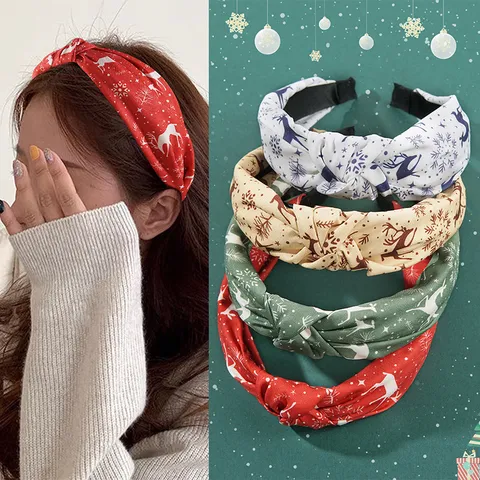 French Niche Fabric Christmas Headband For Women Wide Brim Reindeer Snowflake Hair Band Holiday Party Hair Accessories