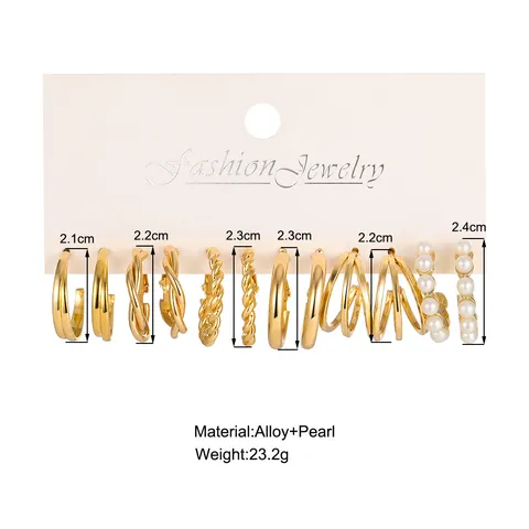 Juego de 6 Pares de Pendientes de Aro de Oro y Plata para Mujer Pendientes en Forma de C Trenzados Personalizados con Perlas Artificiales