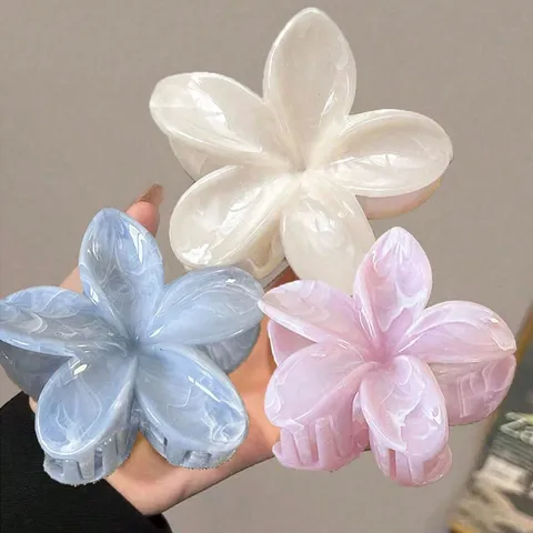Vintage Plumeria Hair Claw Marble Cloud Texture Shark Clip Colorful Flower Hair Grip Sweet Summer Beach Accessory For Women