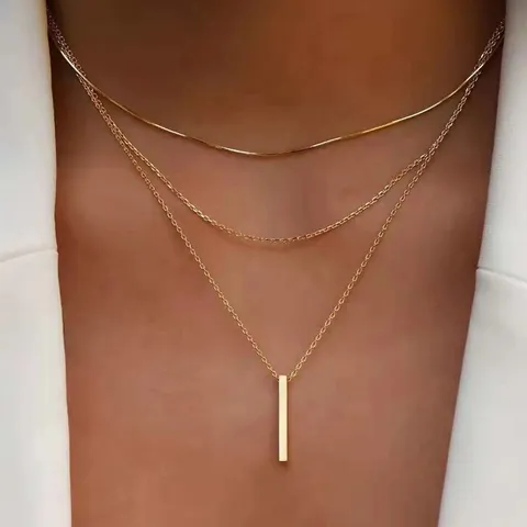 Collier Multi-rangs pour Femme en Alliage Strass Perle Artificielle Pendentif Géométrique Barre Étoile Lune Ras du Cou