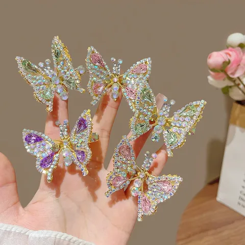 Cute Moving Butterfly Hair Clip Rhinestone Animal Hairpin Duckbill Side Clip Sweet Headwear For Kids Women Hair Accessories
