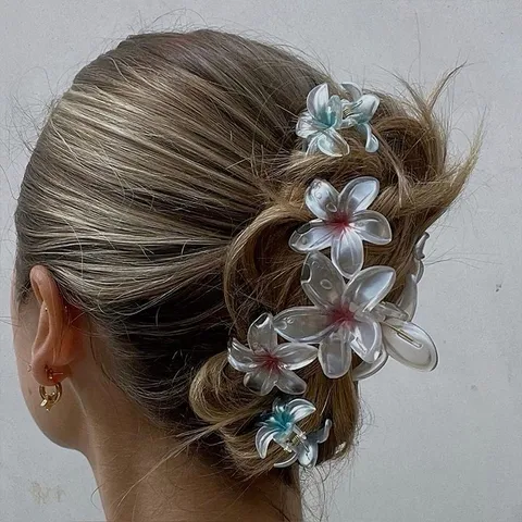 Acrylic Mermaid Iridescent Plumeria Hair Claw Clip For Women Summer Gradient Transparent Flower Shark Clip Beach Hair Accessory