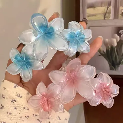 Acrylic Mermaid Iridescent Plumeria Hair Claw Clip For Women Summer Gradient Transparent Flower Shark Clip Beach Hair Accessory