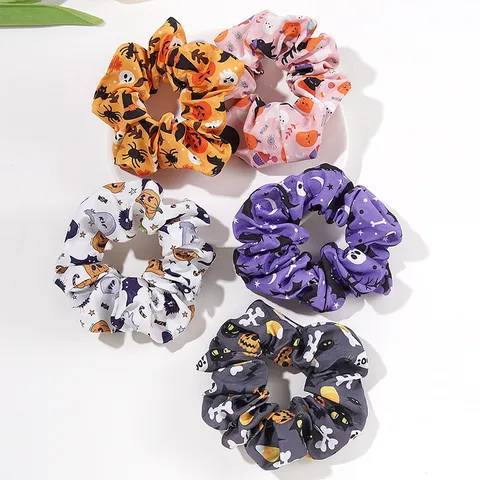 Halloween Pumpkin Skull Scrunchies Cotton Ghost Bat Print Dark Gothic Style Festival Hair Ties For Women Party Accessories