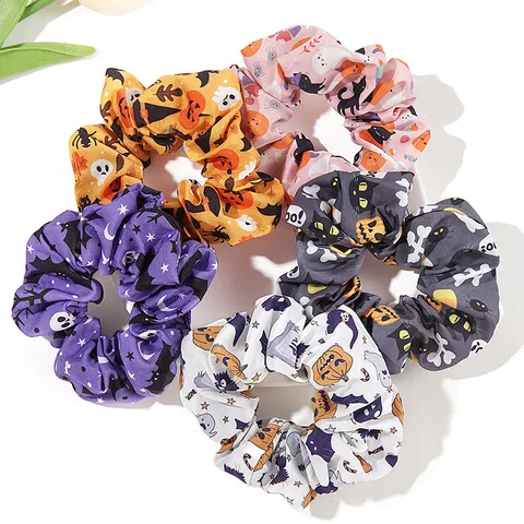 Halloween Pumpkin Skull Scrunchies Cotton Ghost Bat Print Dark Gothic Style Festival Hair Ties For Women Party Accessories