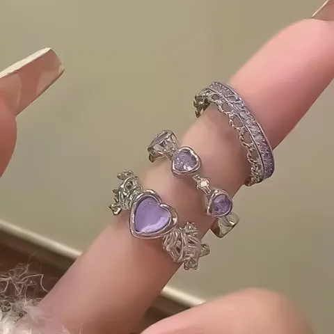 3Pcs Set Alloy Heart Thorn Ring For Women Pink Purple Imitation Cat Eye Stone Rhinestone Stackable Open Finger Ring Niche Design Fashion Jewelry Gift