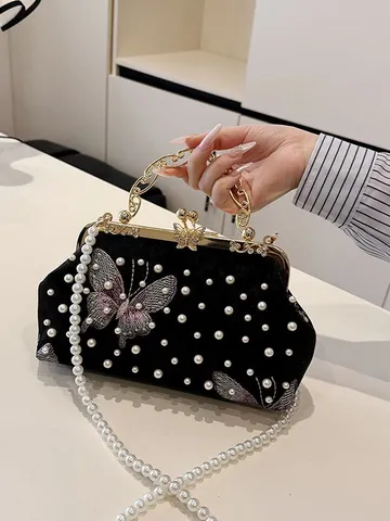 Vintage Velvet Butterfly Embroidered Evening Bag For Women Pearl Beaded Shell Clutch Bag Formal Party Wedding Chain Bag