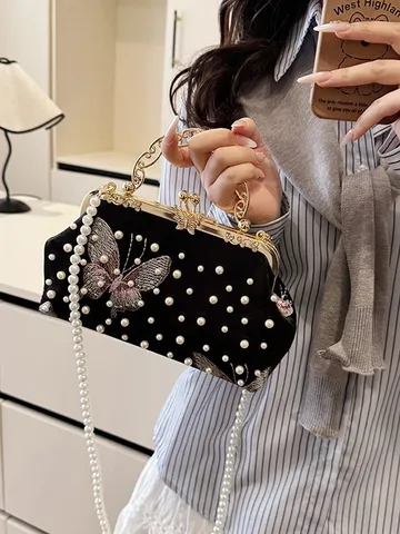 Vintage Velvet Butterfly Embroidered Evening Bag For Women Pearl Beaded Shell Clutch Bag Formal Party Wedding Chain Bag