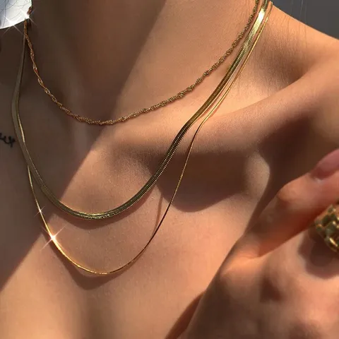 European Retro Double Layered Herringbone Chain Necklace For Women Light Luxury Gold Silver Alloy Layering Snake Neck Chain Jewelry Gift