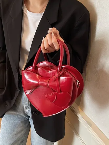 Elegant Heart Shaped PU Leather Handbag For Women Stylish Bowknot Crossbody Shoulder Bag Festive Valentine Day Gift Purse