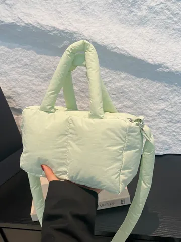Fashion Women Puffy Nylon Quilted Crossbody Bag Grid Embroidered Puffer Handbag Casual Shoulder Bag For Daily Use 2025 New