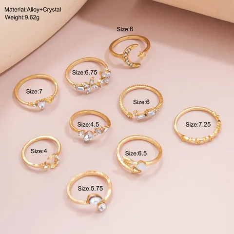 Ensemble de Bagues Couleur Or Argent Bohème pour Femmes Vintage Lune Étoile Cœur Fleur Incrusté de Strass Bagues de Phalange Bijoux