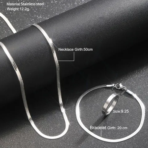 Herren Minimalistisches Edelstahl Schmuckset Mit Flacher Schlangenkette Halskette Passendem Armband Und Poliertem Offenem Ring Geschenk