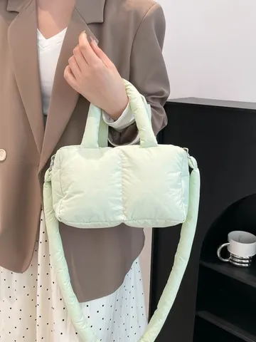 Fashion Women Puffy Nylon Quilted Crossbody Bag Grid Embroidered Puffer Handbag Casual Shoulder Bag For Daily Use 2025 New
