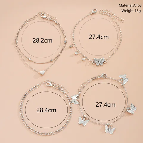 Tobillera de Varias Capas Mariposa Corazón Cuentas para Mujer Aleación Diamantes de Imitación Tobilleras Cadena Joyería de Playa Vacaciones