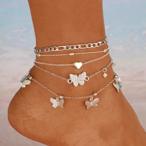 Tobillera de Varias Capas Mariposa Corazón Cuentas para Mujer Aleación Diamantes de Imitación Tobilleras Cadena Joyería de Playa Vacaciones