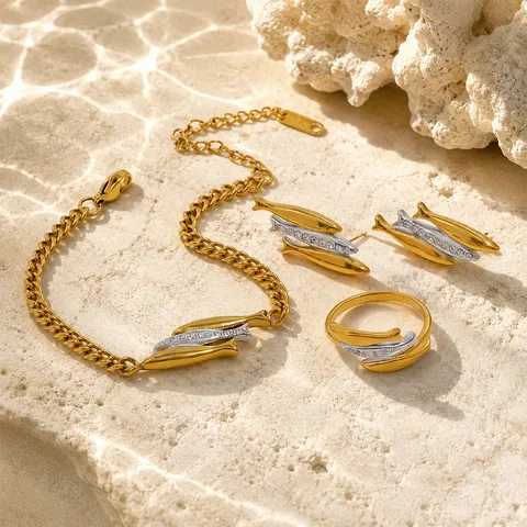 Stainless Steel Three Fish Jewelry Set Gold Silver Two Tone Rhinestone Bracelet Ring Stud Earrings Fashion Jewelry Gift