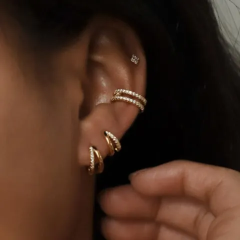 4Pcs Women Creative Zirconia Copper Earring Set Gold Plated Geometric Hoop Earrings Small Stud Earrings Ear Cuff Jewelry Set
