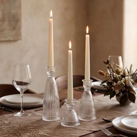 Portacandele in Vetro Trasparente a Costine Nordico Candeliere Francese a Motivo Verticale per Tavolo da Pranzo Decorazione Casa
