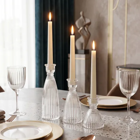 Portacandele in Vetro Trasparente a Costine Nordico Candeliere Francese a Motivo Verticale per Tavolo da Pranzo Decorazione Casa