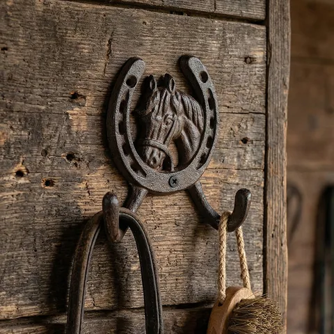 European Retro Cast Iron Horse Head Horseshoe Double Hook Wall Mounted Coat Hat Rack Rustic Industrial Decorative Wall Hanger