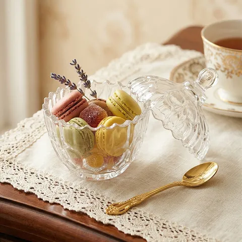 Tarro de Almacenamiento de Cristal con Relieve Vintage Francés Con Tapa Joyero Transparente de Lujo Recipiente de Dulces Decoración Hogar