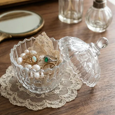 Tarro de Almacenamiento de Cristal con Relieve Vintage Francés Con Tapa Joyero Transparente de Lujo Recipiente de Dulces Decoración Hogar