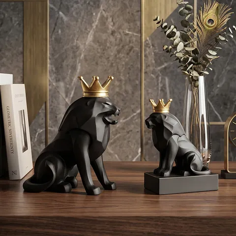 Escultura de León de Resina de Lujo Nórdico Geométrica Low Poly Negro Oro Corona Figurita de Animal Decoración de Escritorio