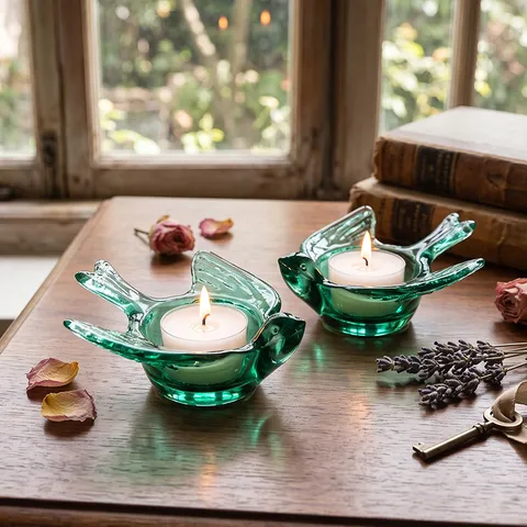 Candeliere in Vetro a Forma di Uccello Lusso Nordico Verde Trasparente Decorazione da Tavolo Atmosfera Cena Romantica Accessorio