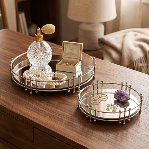 Nordic Light Luxury Geometrisch Metalen Spiegel Dienblad Rond Rechthoekig Zilver Goud Decoratieve Sieraden Cosmetische Opslag Dienblad Home Decor Ornamenten