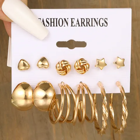 6 Paar Damen Gold Legierung Künstliche Perlen Ohrring Set Herz Stern Geometrisch Gedrehte Creolen C-Form Ohrstecker Schmuck