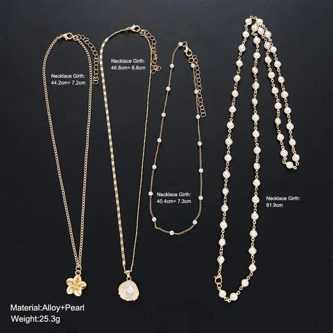 Conjunto de Collar Superpuesto Vintage de Aleación Dorada con Colgante de Flor y Perlas Artificiales Joyería Mujer