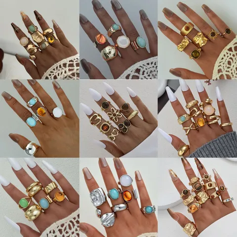 Juego de Anillos Bohemios Vintage de Aleación con Diamantes de Imitación para Mujer Oro Plata Textura Metálica Irregular Flores Perla Artificial Joyería