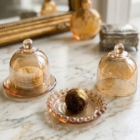 Amber Crystal Glass Cloche Display Set With Base Romantic Ins Style Glass Cover Home Decor Desktop Storage Jar Ornament