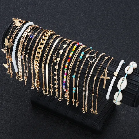 Bohemian Gold Foot Jewelry Anklet With Natural Shell Cross Butterfly Heart Evil Eye Beads Layered Design For Women Beach