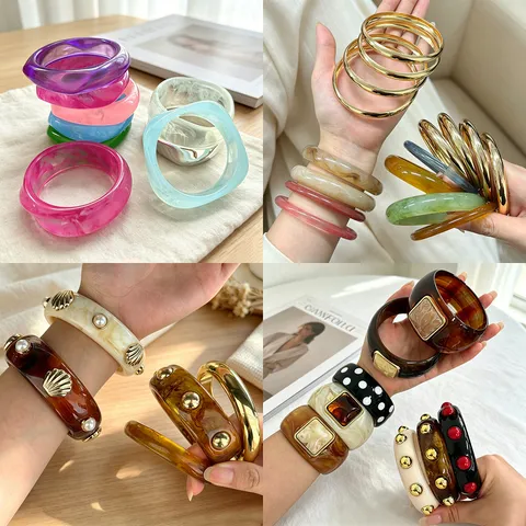 Brazalete de Resina Acrílica de Moda para Mujer Pulsera de Puño Ancha Geométrica Exagerada con Textura de Mármol Joyería de Tendencia