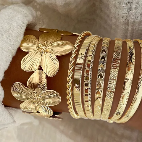 Übergroßes Zinklegierung Gold Silber Armreif Armband Set Für Damen Vintage Böhmisch Geschichteter Armreif Herz Stern Strass Schmuck Party Accessoires