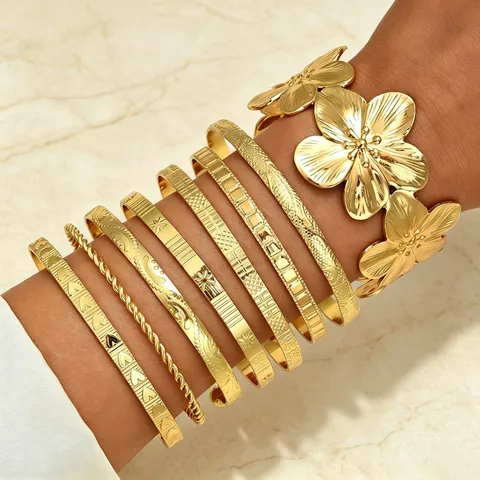 Übergroßes Zinklegierung Gold Silber Armreif Armband Set Für Damen Vintage Böhmisch Geschichteter Armreif Herz Stern Strass Schmuck Party Accessoires