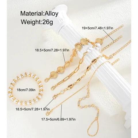 Juego de Pulseras Boho de Concha y Perla Artificial para Mujer Cadena de Mano con Diamantes de Imitación Joyería en Capas Pulsera con Anillo Integrado
