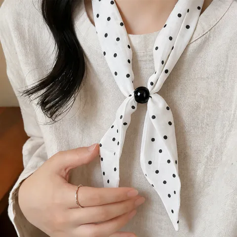 French Vintage Printed Fabric Scarf Necklace For Women Elegant Cotton Linen Necktie With Decorative Resin Bead Ring Retro Polka Dot Floral Accessories