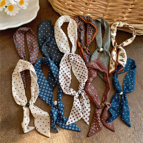 French Vintage Printed Fabric Scarf Necklace For Women Elegant Cotton Linen Necktie With Decorative Resin Bead Ring Retro Polka Dot Floral Accessories