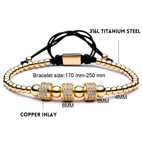 Men's Euro-American Titanium Steel Beaded Braided Bracelet Light Luxury Electroplated Rhinestone Cylindrical Bar Adjustable Charm Hand Jewelry